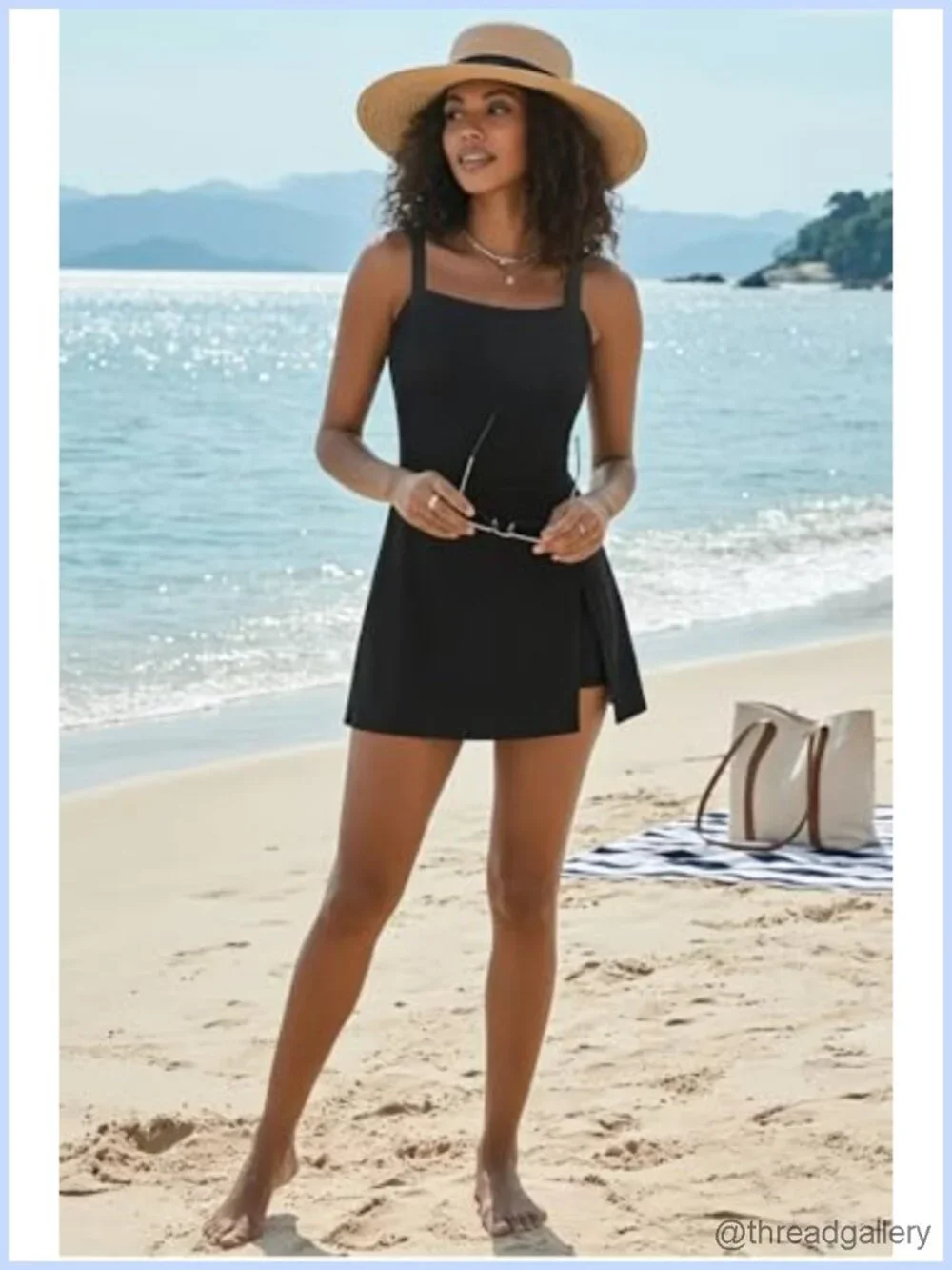 Tummy Control One Piece Swimdress with Slit Hem & Pockets
